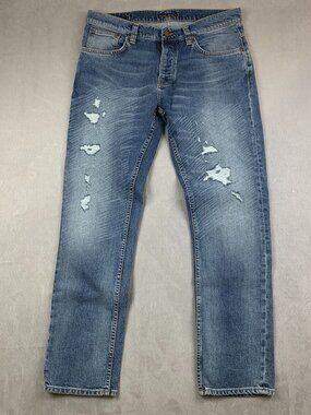 Nudie Jeans Men Pants 34x30 Blue Distressed Grim Tim Worn Thread Ripped Stitched